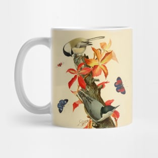 CHICKADEES ,BUTTERFLIES AND LADYBIRD ON A BRANCH WITH RED LEAVES Mug